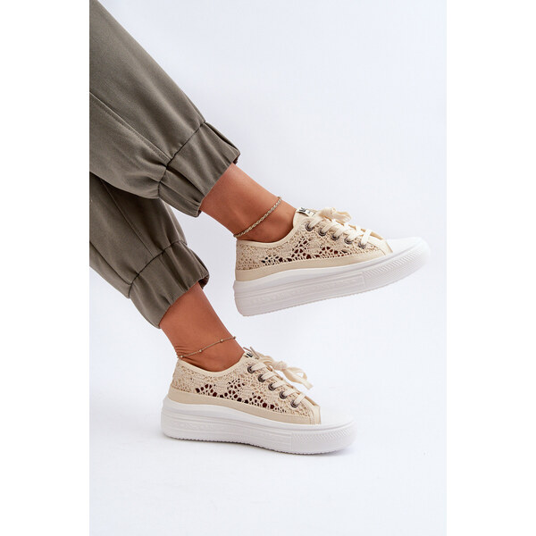 Koronkowe Trampki Damskie Lee Cooper LCW-23-44-1620 Beżowe 66660053