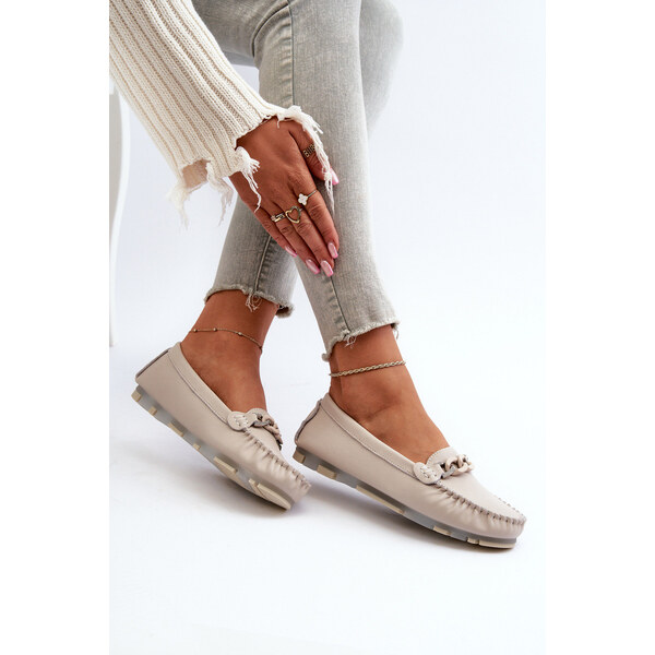 Skórzane Mokasyny Damskie Z Ozdobą Beżowe S.Barski LR339 66660059