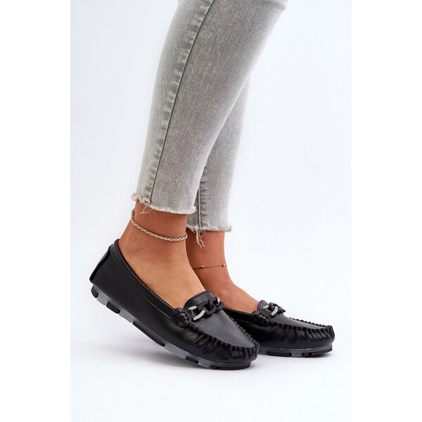 Skórzane Mokasyny Damskie Z Ozdobą Czarne S.Barski LR339 66660060