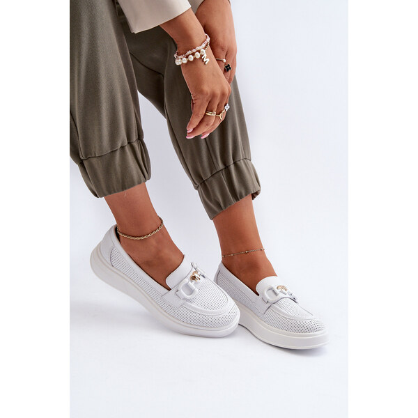 Skórzane Mokasyny Damskie Na Platformie Białe S.Barski LR720 66660068