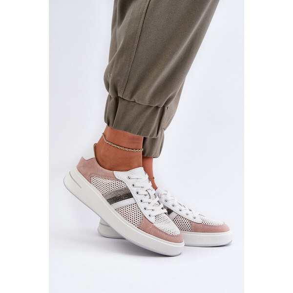 S.Barski Sneakersy Skórzane Damskie D&A LR110 Biało-Różowe 66660072