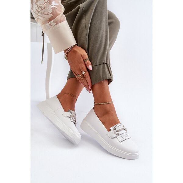 Lekkie Mokasyny Damskie Skórzane Na Platformie Białe S.Barski LR590 66660073