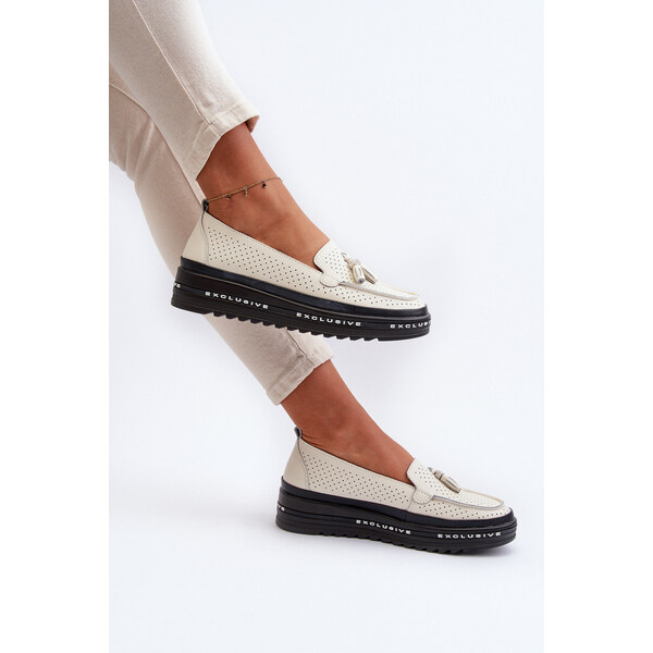 EVENTO Skórzane Mokasyny Damskie Na Platformie Beżowe Assetnima 66660089