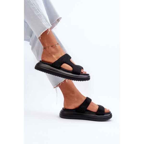 Boto Zdobione Klapki Damskie Na Platformie Czarne Jestella 66660101