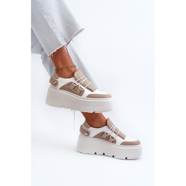 Zazoo 1833 Sneakersy Damskie Skórzane Na Masywnej Podeszwie Beżowo 66660106