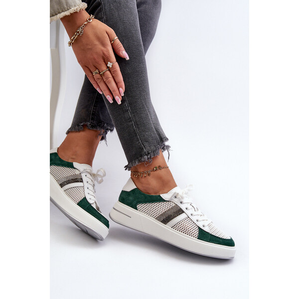 S.Barski Sneakersy Skórzane Damskie D&A LR110 Zielono-Białe 66660263