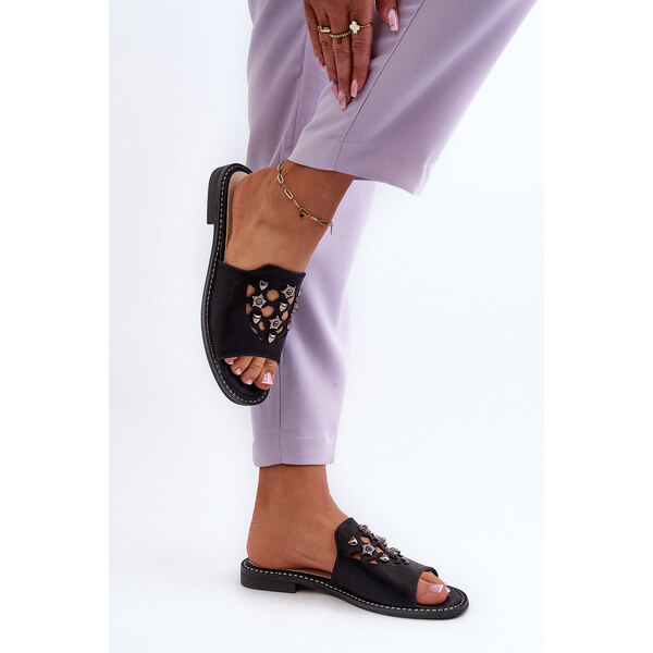 Błyszczące Klapki Damskie Z Ozdobami S.Barski KV27-063 Czarne 66660261