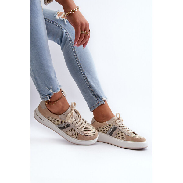 S.Barski Sneakersy Skórzane Damskie D&A LR110 Beżowe 66660264