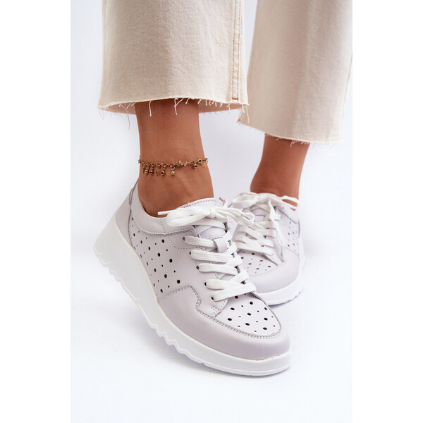 Ażurowe Damskie Sneakersy Na Koturnie Skóra Naturalna Jasnoszare S 66660269