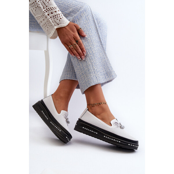 Mokasyny Damskie Skórzane Na Platformie S.Barski LR400 Białe 66660283