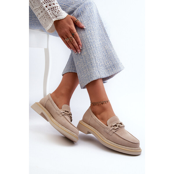 S.Barski Mokasyny Damskie Zamszowe Na Płaskim Obcasie Z Ozdobą D&A 66660288