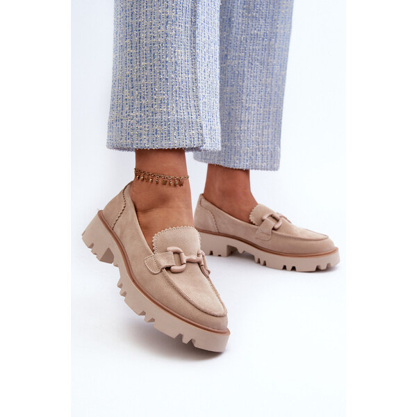 S.Barski Zamszowe Mokasyny Damskie Z Ozdobą D&A TW117 Beżowe 66660290