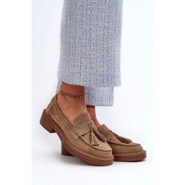 S.Barski Mokasyny Damskie Zamszowe Z Frędzlami D&A TW107 Brązowe 66660294