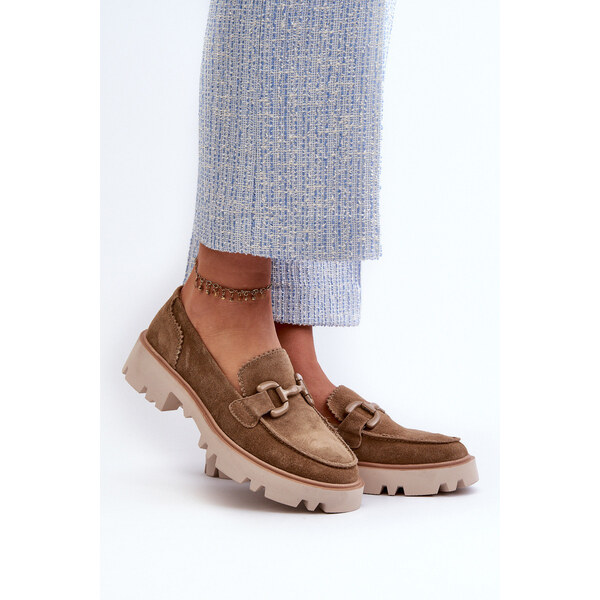 S.Barski Zamszowe Mokasyny Damskie Z Ozdobą D&A TW117 Brązowe 66660293