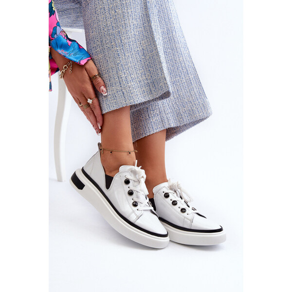 S.Barski Lakierowane Sneakersy Damskie Skórzane D&A LR535 Białe 66660313