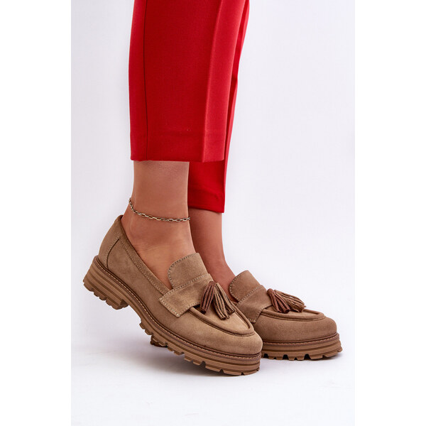 Zazoo 3469 Zamszowe Mokasyny Damskie Z Frędzlami Beżowe 66660340