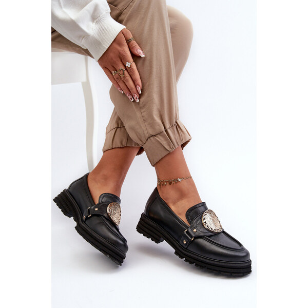 Zazoo 3485 Mokasyny Damskie Ze Złotą Ozdobą Skóra Naturalna 66660343