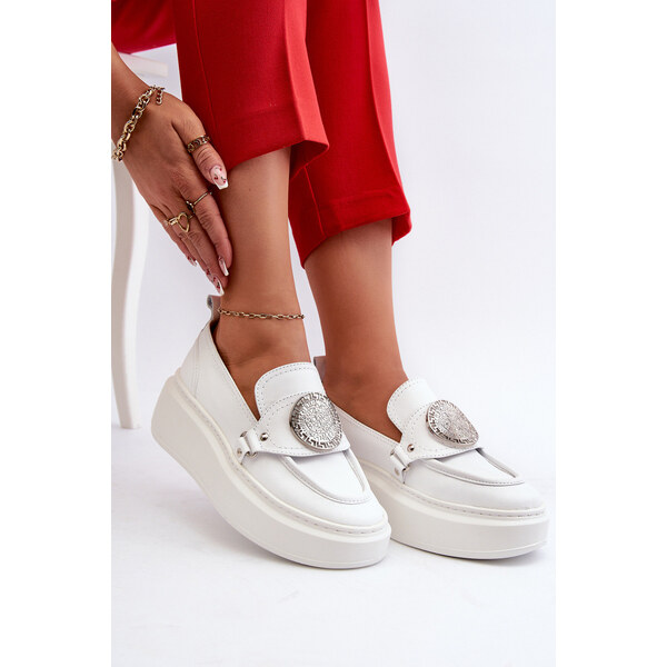 Zazoo 3486 Mokasyny Damskie Skórzane Z Ozdobą Białe 66660341