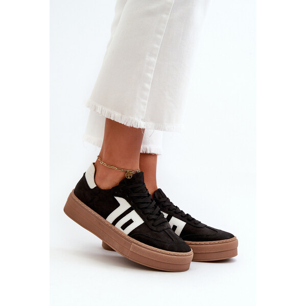 Zazoo N1095S2 Sneakersy Skórzane Damskie Na Platformie Czarne 66660641