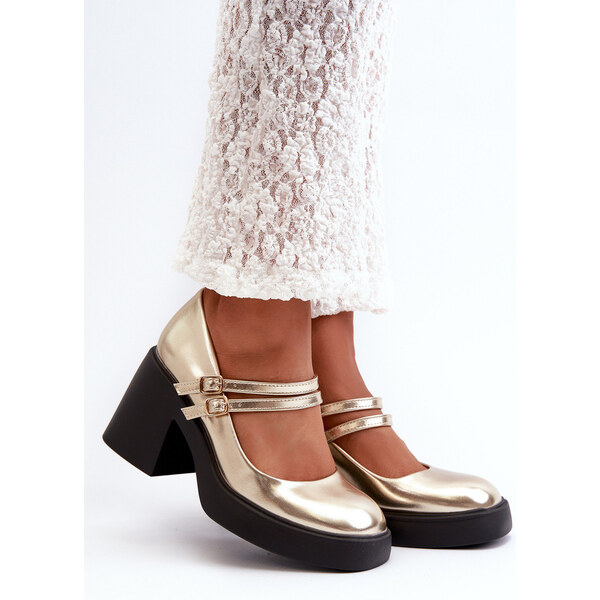 Boto Eko Skórzane Czółenka Na Masywnym Obcasie Złote Halmina 66660675