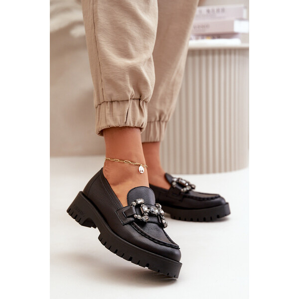 Damskie Skórzane Mokasyny Z Ozdobą CheBello 4369 Czarne 66660772