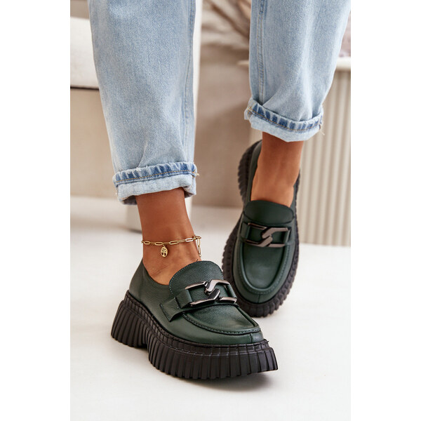 Zazoo 20176 Półbuty Mokasyny Damskie Ze Skóry Naturalnej Ciemnozielone 66660798