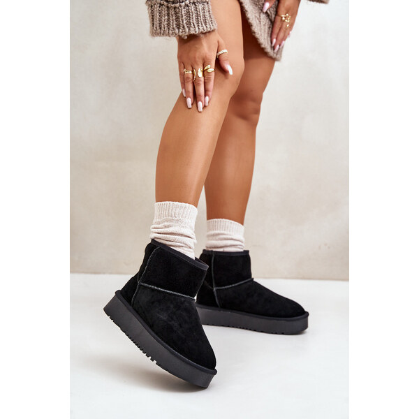 Boto Skórzane Zamszowe Śniegowce Na Platformie Za Kostkę Czarne 66660867