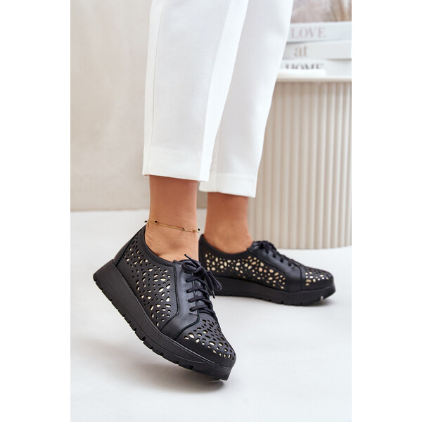 Zazoo 2973 Skórzane Półbuty Na Platformie Z Ażurowym Wzorem Czarne 66660893