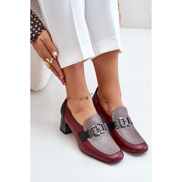Skórzane Czółenka Na Słupku Ze Złotą Ozdobą Laura Messi 2861 Bordowe 66660936