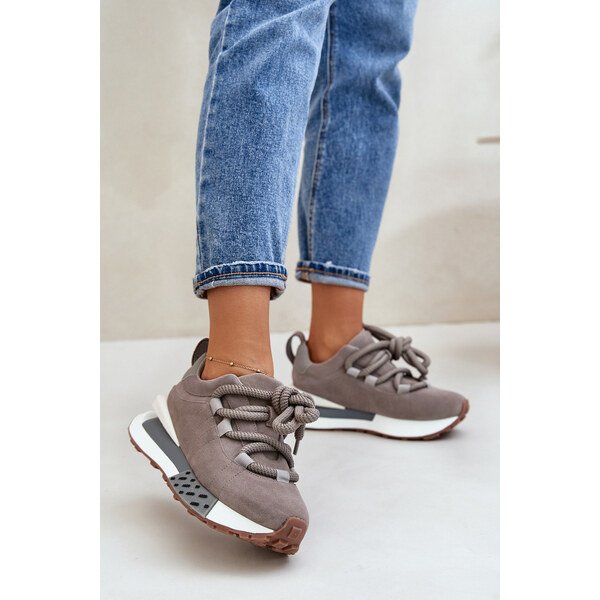 Boto Zamszowe Sneakersy Damskie Na Platformie Z Grubym Sznurowaniem 66660939