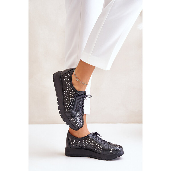 Zazoo 2973 Skórzane Półbuty Na Platformie Z Ażurowym Wzorem Czarne 66661031