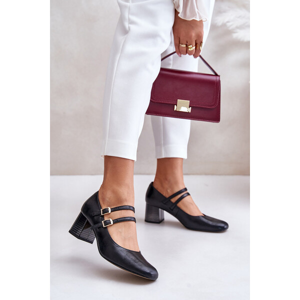 Skórzane Czółenka Z Paskami Na Słupku Laura Messi 2857 Czarne 66661083