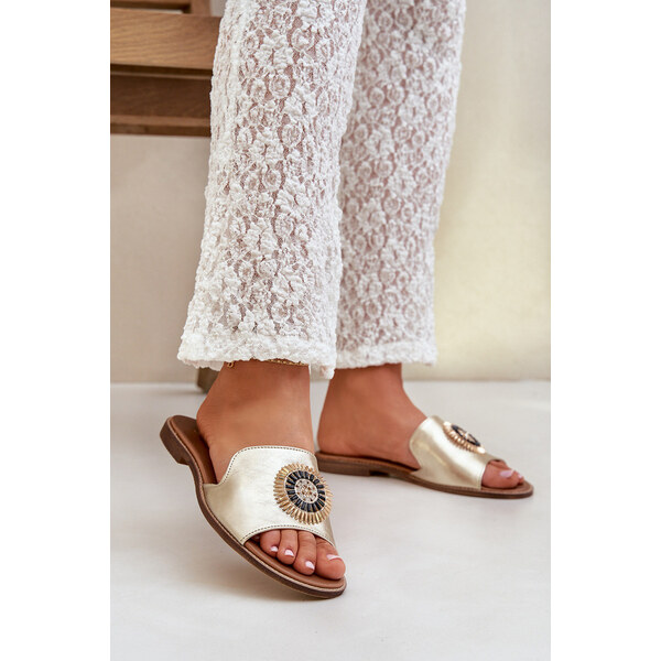 Boto Skórzane Klapki Z Ozdobą Na Płaskim Obcasie Zazoo 3047/O Złote 66661630