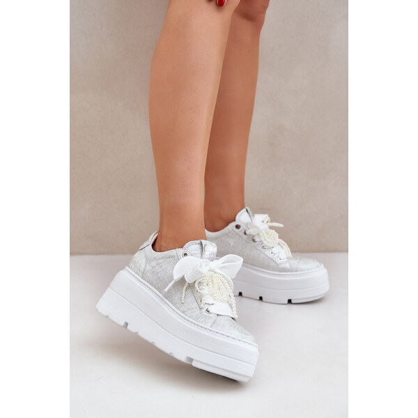 Skórzane Sneakersy Na Platformie CheBello 4658 Srebrne 66661693