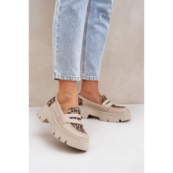 Skórzane Mokasyny Damskie Na Platformie I Płaskim Obcasie Panterka 66661713