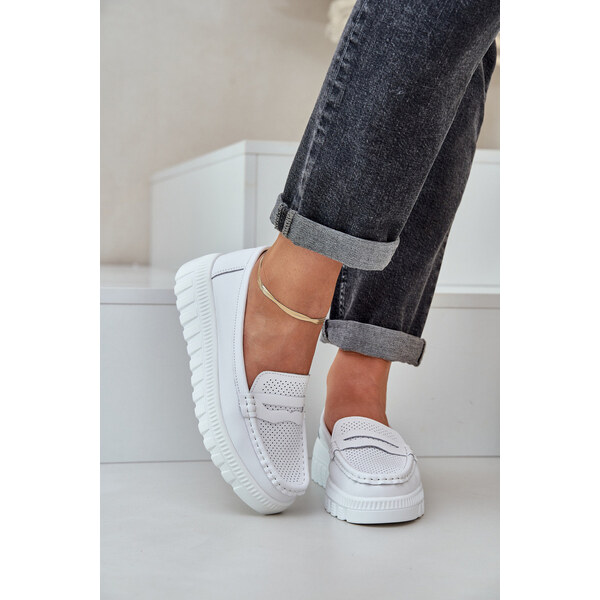 EVENTO Skórzane Mokasyny Damskie Na Platformie I Koturnie Białe 66661828