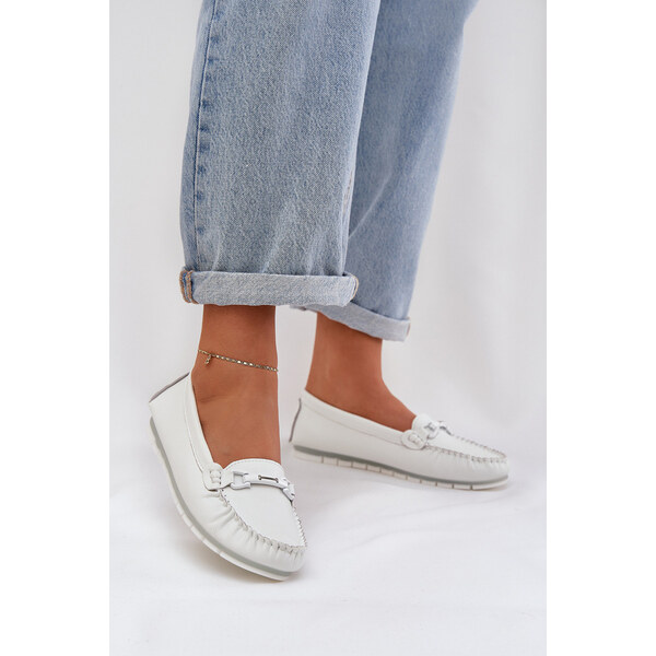 Płaskie Skórzane Mokasyny Z Ozdobą S.Barski LR51-547 Białe 66661878