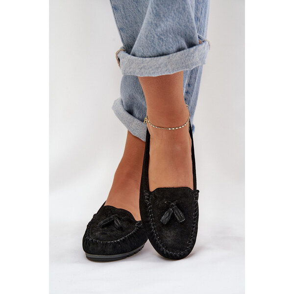 Damskie Płaskie Klasyczne Zamszowe Mokasyny S.Barski LR51-548 Czarne 66661884