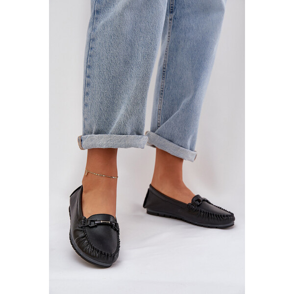 Płaskie Skórzane Mokasyny Z Ozdobą S.Barski LR51-547 Czarne 66661880