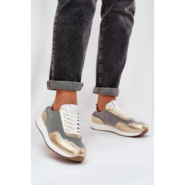 S.Barski Skórzane Buty Sportowe Sneakersy Damskie D&A LR51-847 Złote 66661889