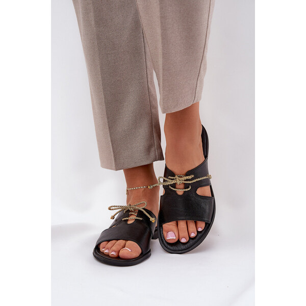 Skórzane Klapki Damskie Na Płaskim Obcasie Zazoo 3022 Czarne 66661902