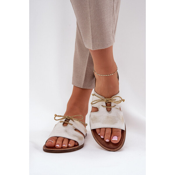 Skórzane Klapki Damskie Na Płaskim Obcasie Zazoo 3022 Złoty 66661906