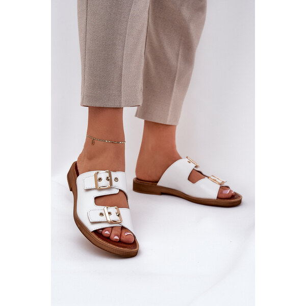 Skórzane Płaskie Klapki Z Klamrami Zazoo 3020 Białe 66661908