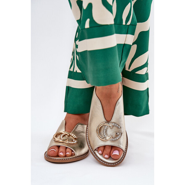 Skórzane Sandały Na Płaskim Obcasie Z Ozdobą Laura Messi 2865 Złote 66661950