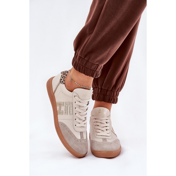 Skórzane Buty Sportowe Sneakersy Damskie Panterka CheBello 4640 Beżowe 66661954