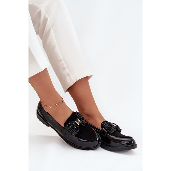 D&A Lakierowane Mokasyny Damskie Z Kokardką S.Barski HY51-319 Czarne 66661976