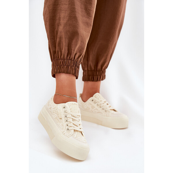 Big Star Shoes Koronkowe Trampki Damskie Big Star RR274746 Beżowe 66662240