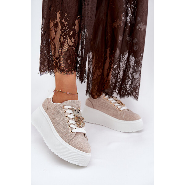 Sneakersy Na Platformie Z Przypinką Miś S.Barski BF51-014 Beżowe 66662276