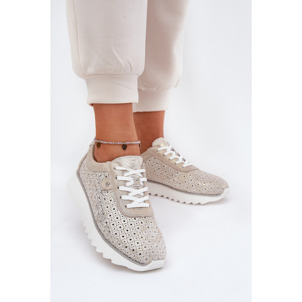 S.Barski Zamszowe Ażurowe Sneakersy Na Platformie LR51-927 Złote 66662277