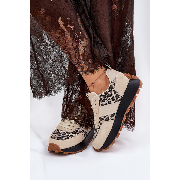 Zamszowe Sneakersy Damskie Na Platformie Panterka Vinceza 66793 Beżowe 66662298